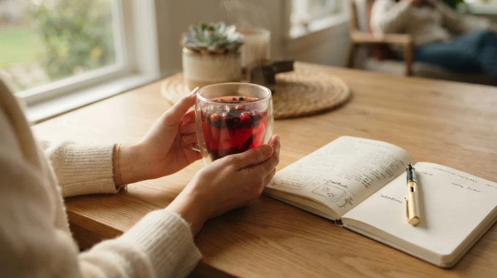 A close-up of a person's hands holding a warm mug of red tea while reading a wellness journal on a wooden table.