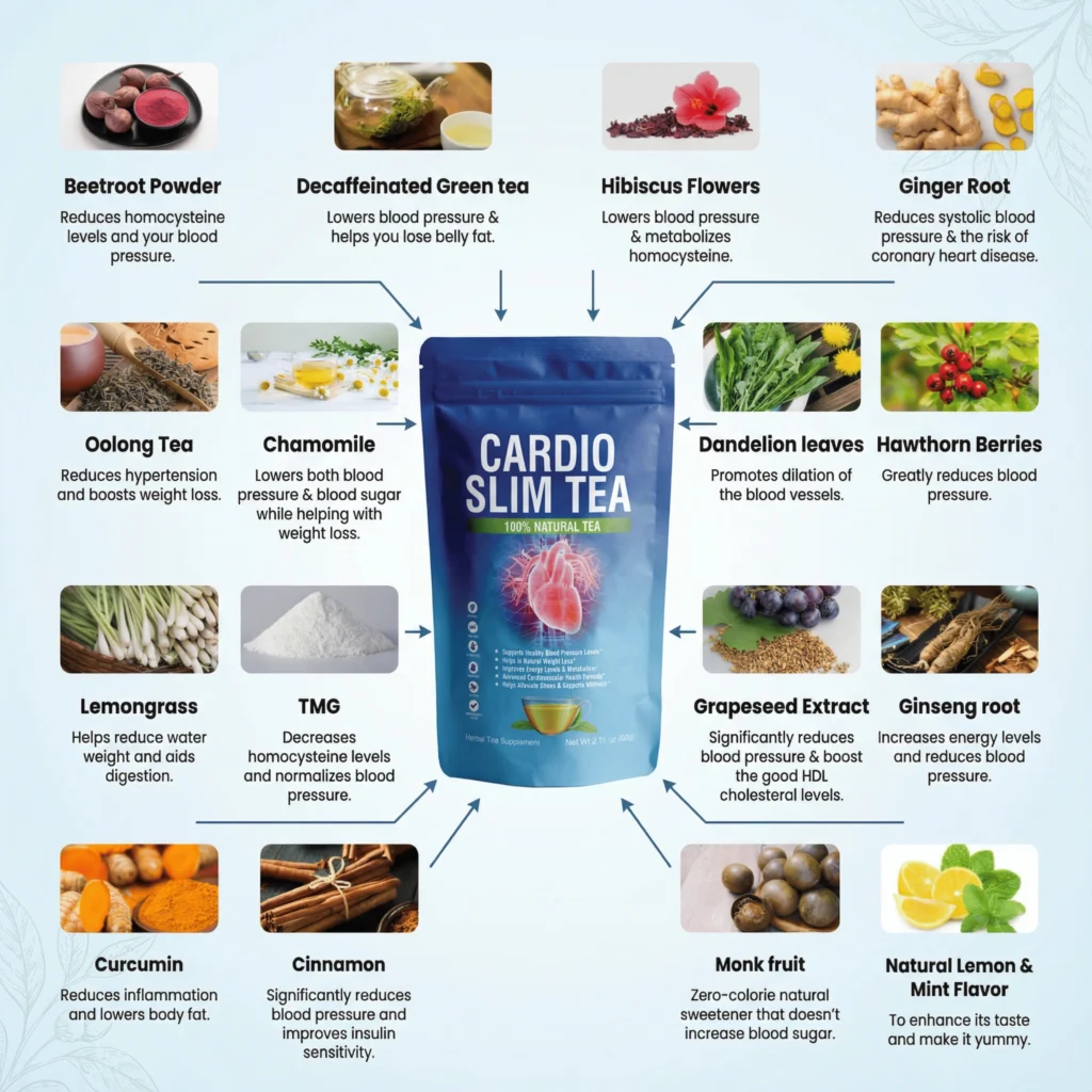Infographic showing the 15 natural ingredients in Cardio Slim Tea, including beetroot, hibiscus, hawthorn berries, and green tea.