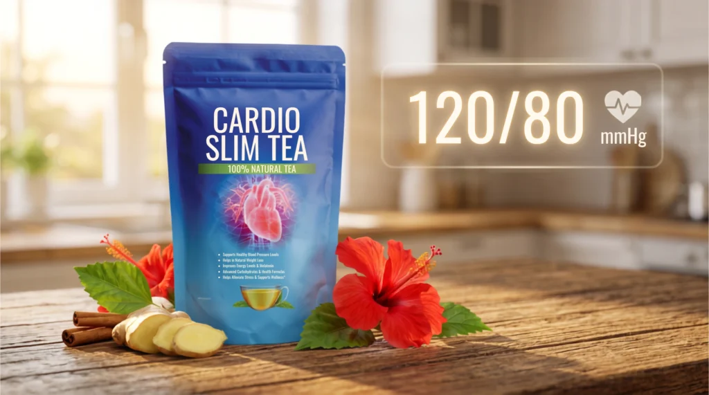 A beautifully lit product shot of the Cardio Slim Tea canister surrounded by fresh tropical ingredients and a glowing "120/80" graphic.