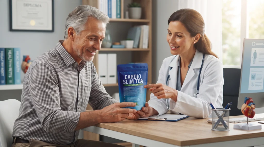 A mature man sitting in a doctor's office having a positive conversation about his cardiovascular health markers.