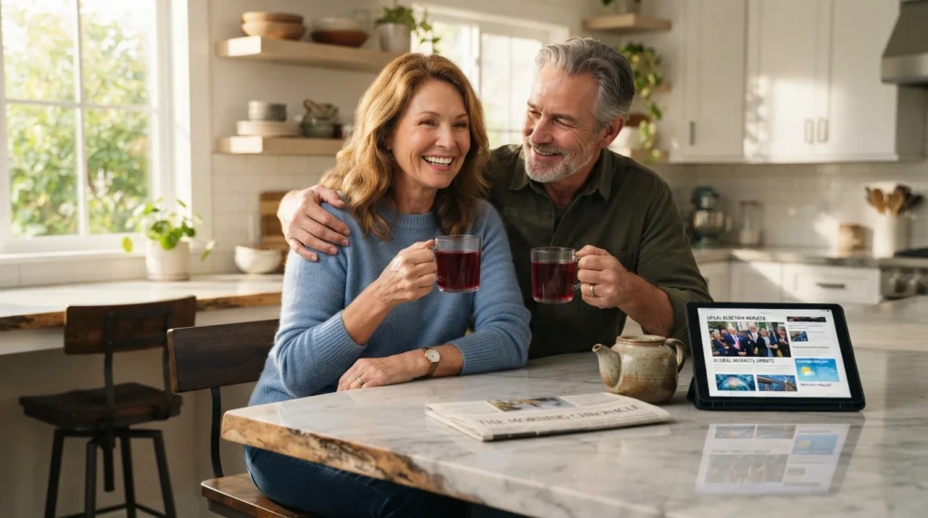 A mature couple sitting at a kitchen island, smiling and drinking red herbal tea from glass mugs while reading the morning news.