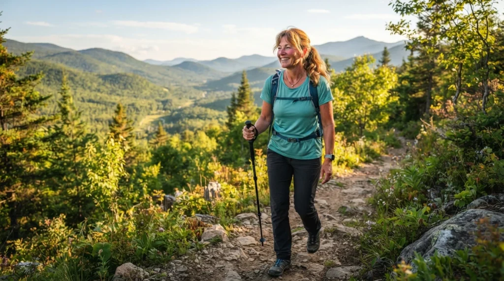 A middle-aged woman looking energetic and refreshed while hiking on a nature trail.