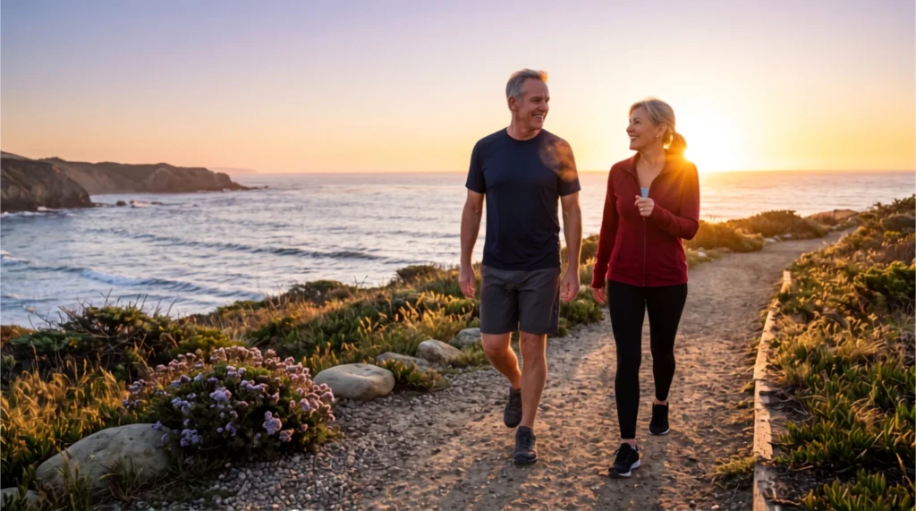 A vibrant, active mature couple enjoying a brisk morning walk near the ocean, symbolizing healthy blood flow and energy.