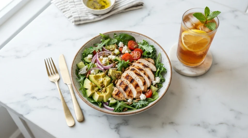 A vibrant salad with grilled chicken and a glass of iced Cardio Slim Tea on a bright kitchen counter.