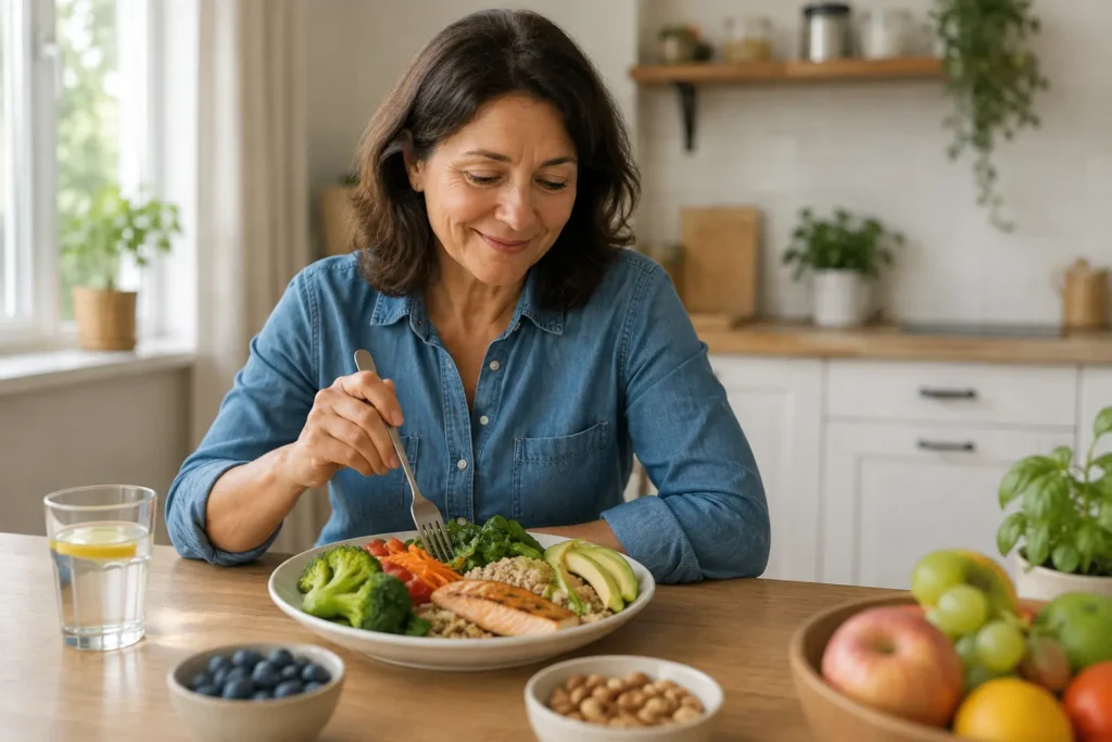Woman enjoying a balanced meal with vegetables, salmon, grains and avocado