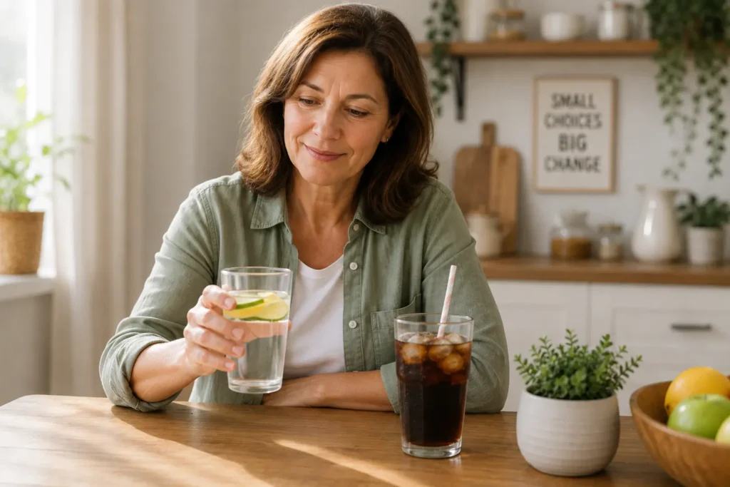 Woman choosing lemon water instead of a sugary soft drink