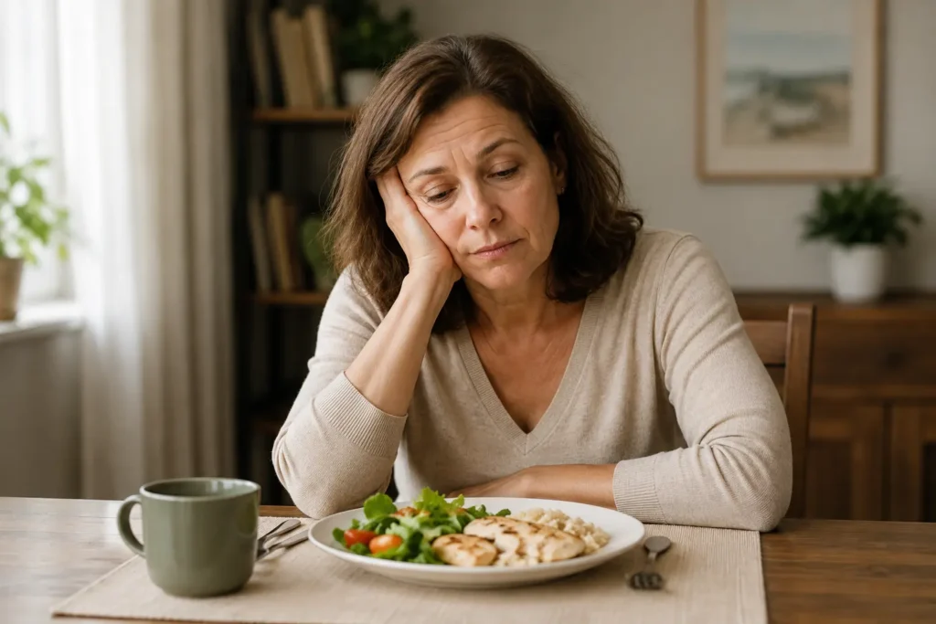 Middle-aged woman feeling tired after lunch while sitting at a dining table