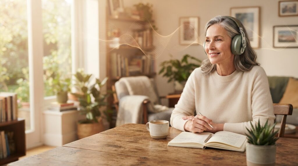 Woman listening to audio during a peaceful morning routine