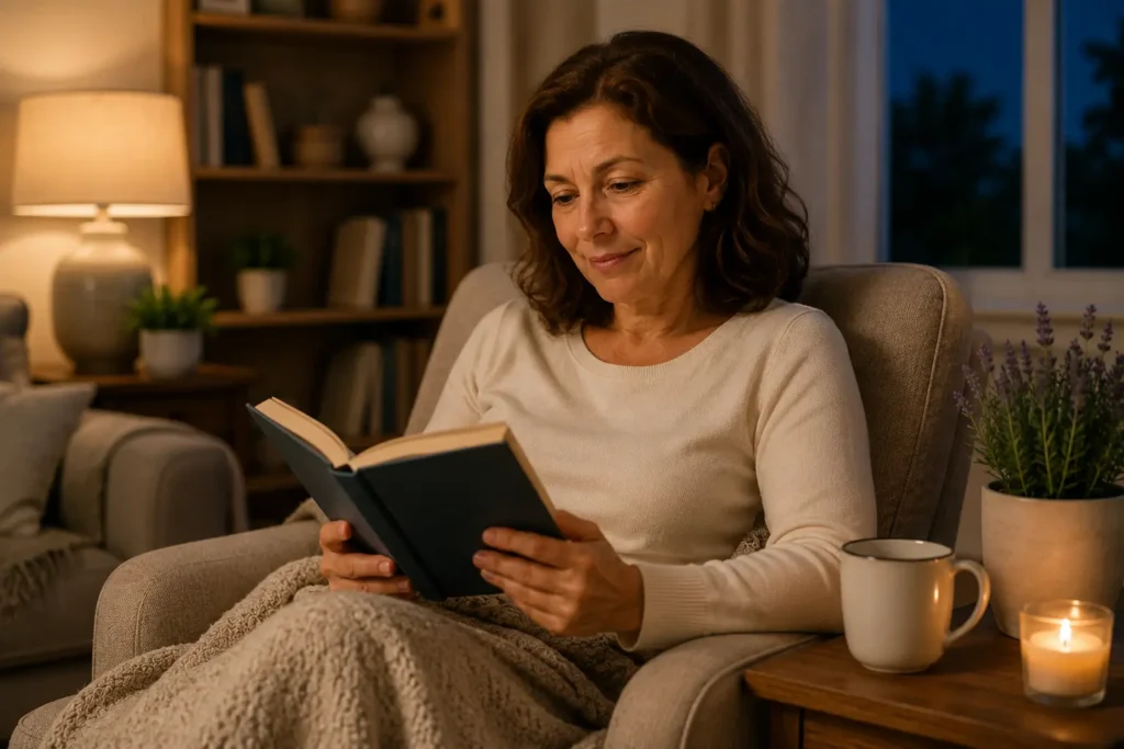 Middle-aged woman relaxing with a book during a quiet evening at home