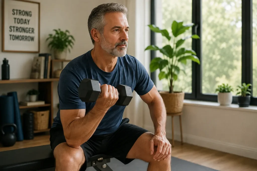 Middle-aged man doing strength training with a dumbbell at home