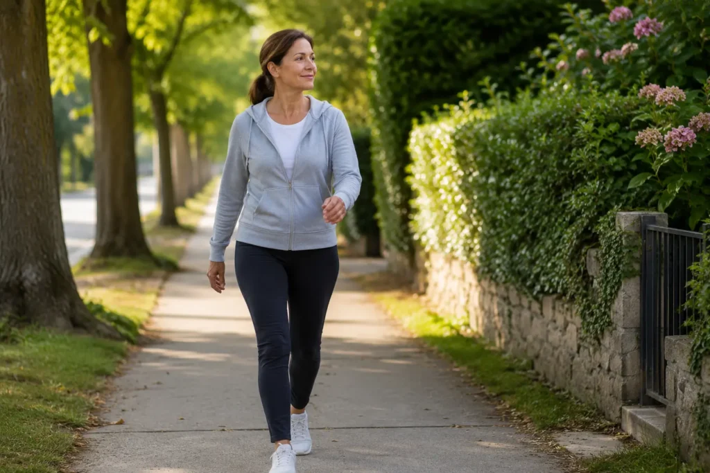Middle-aged woman taking a relaxed walk outdoors to stay active